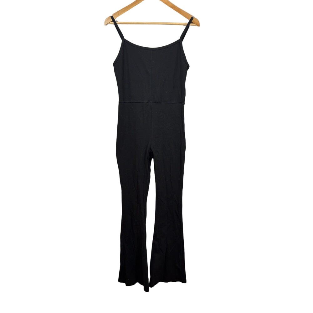 Qinsen Black Flare Leg Jumpsuit Spaghetti Strap Yoga‎ Bodysuit Size XL Fitted